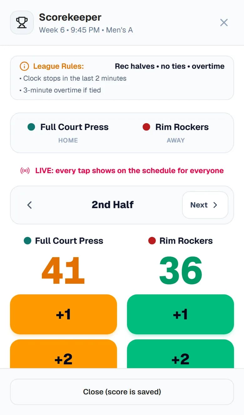 Keeping a basketball game live on a phone, with +1, +2 and +3 buttons