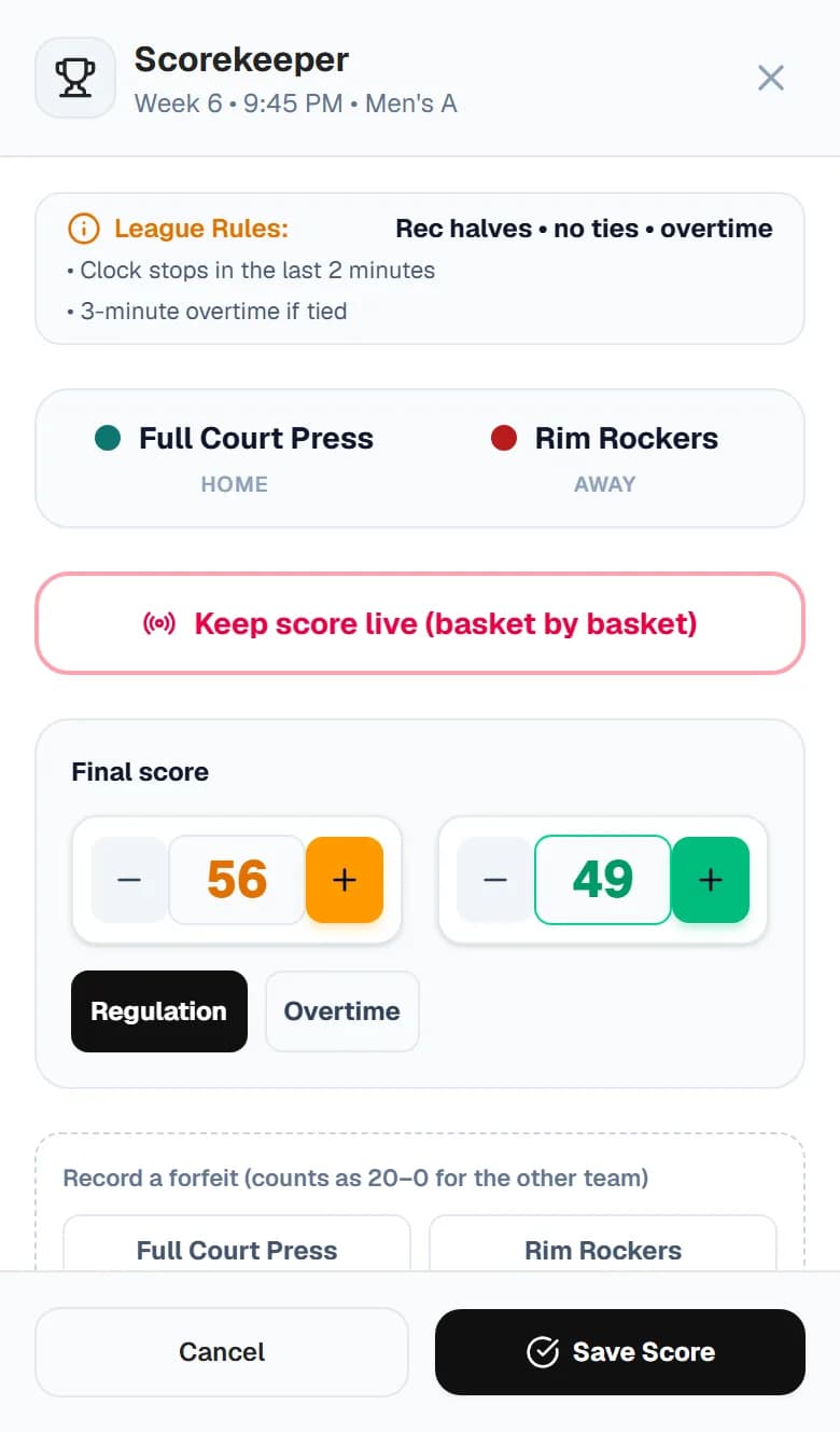 Final score entry for a basketball game on a phone