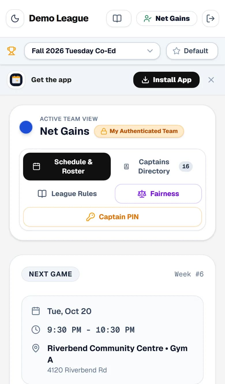A captain's home screen showing their team, the next match and their ref duty