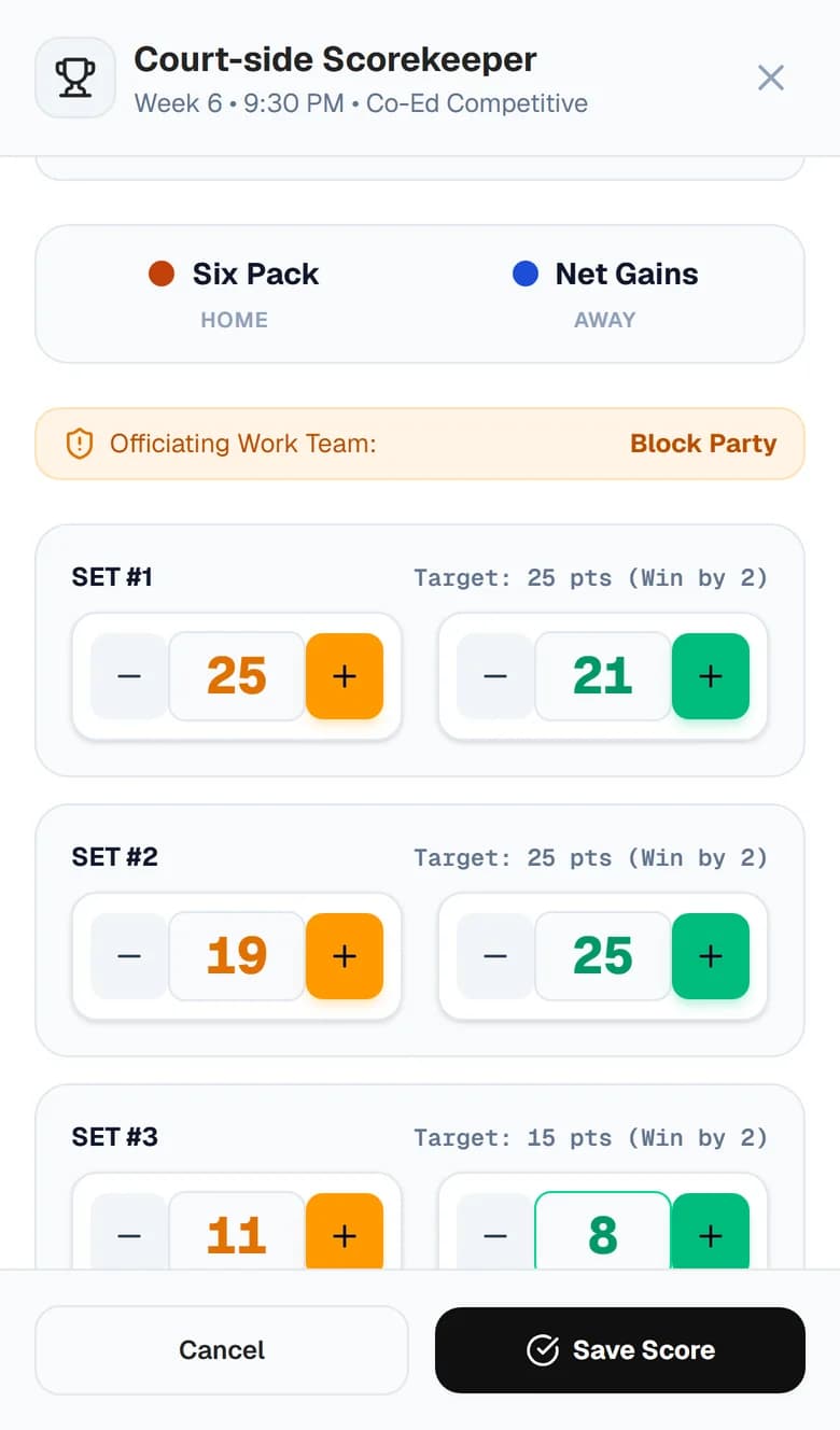 Set score entry on a phone, with plus and minus buttons for each team