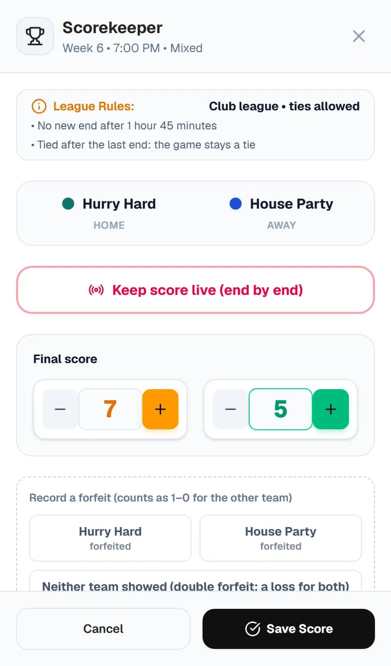 Entering the final score of a curling game on a phone