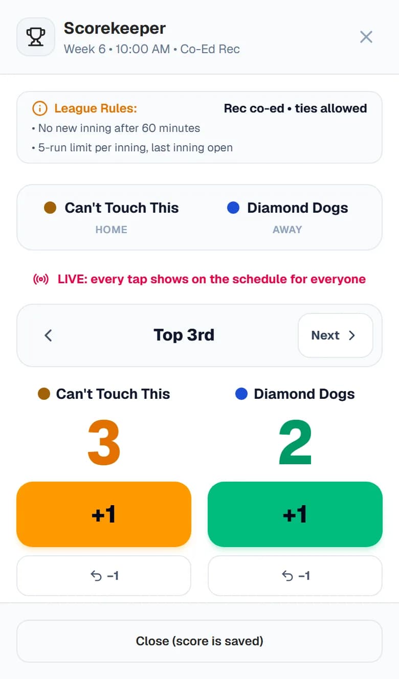 Keeping a slo-pitch game live on a phone, run by run with the inning