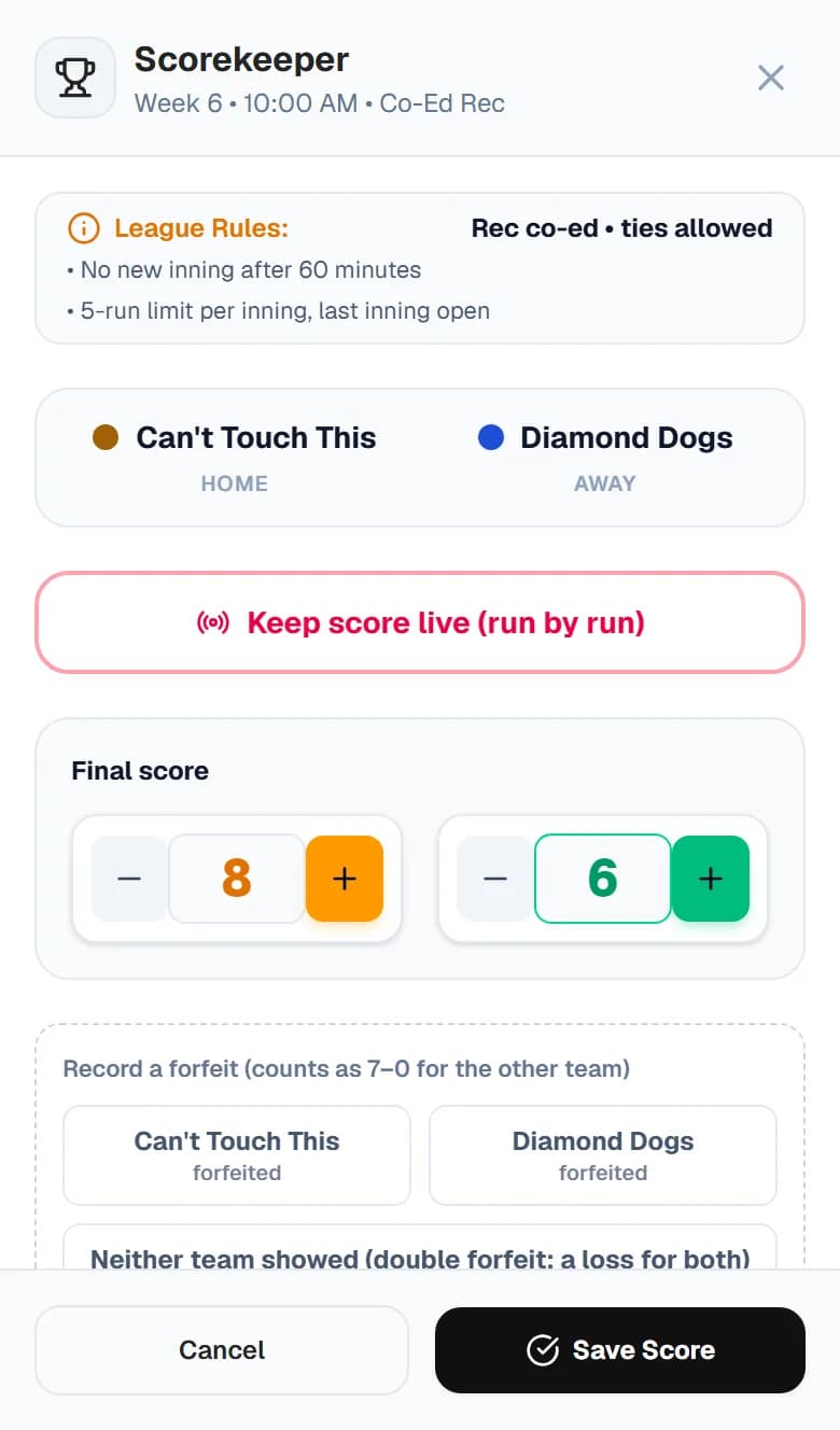 Entering the final runs for a slo-pitch game on a phone